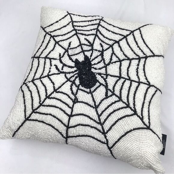 Noir Night Other - Noir Night Black Spiderweb White Beaded 16” Halloween Decor Accent Throw Pillow